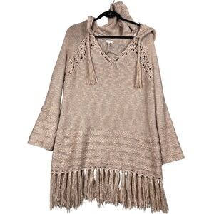 En Creme Women Crochet Sweater Boho  Hooded Tunic Fringe Tassels Size S